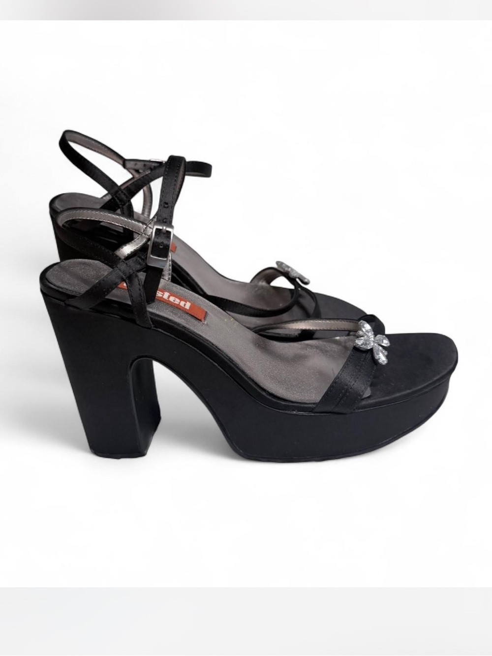🖤 Y2K Unlisted platform heels in black satin with sparkling rhinestone